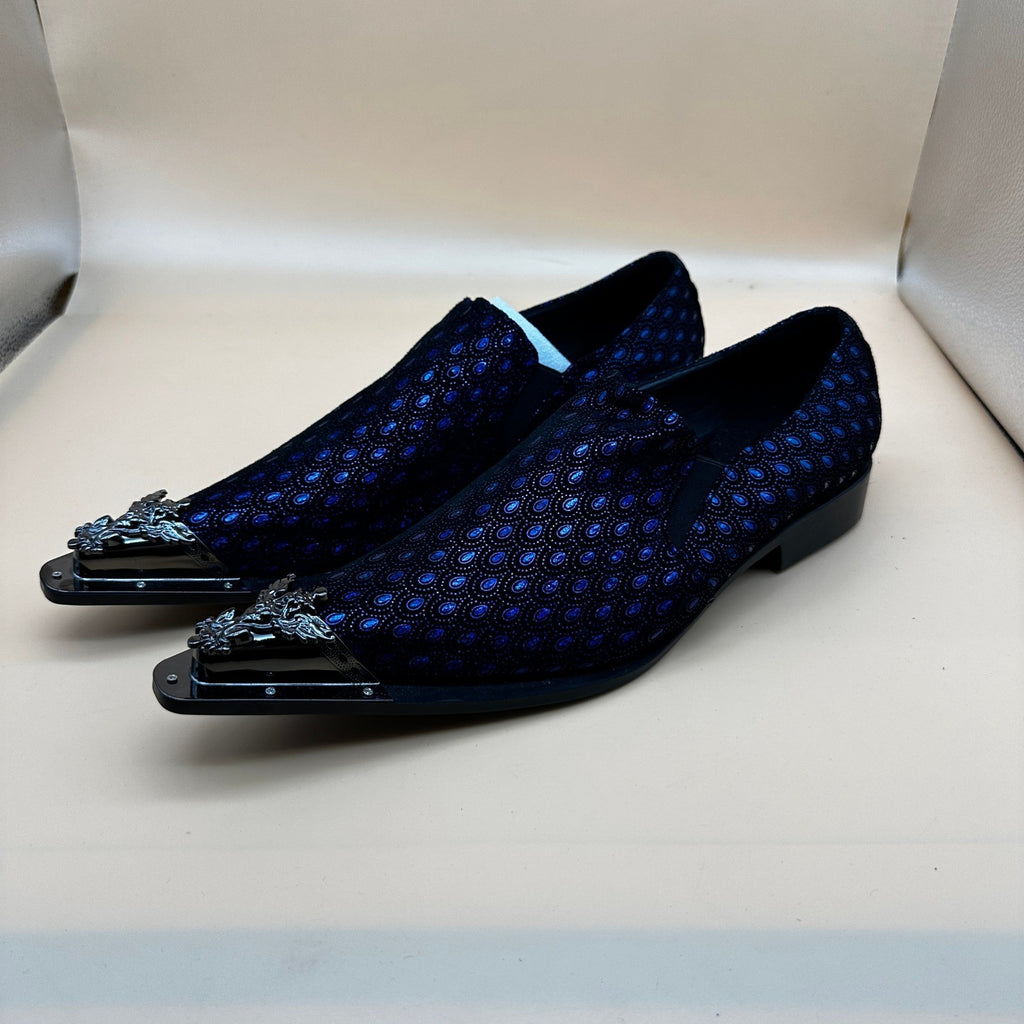 Santimon Men's US 9.5 Black/Blue Leather Metal Tip Western Loafers Dress Shoes