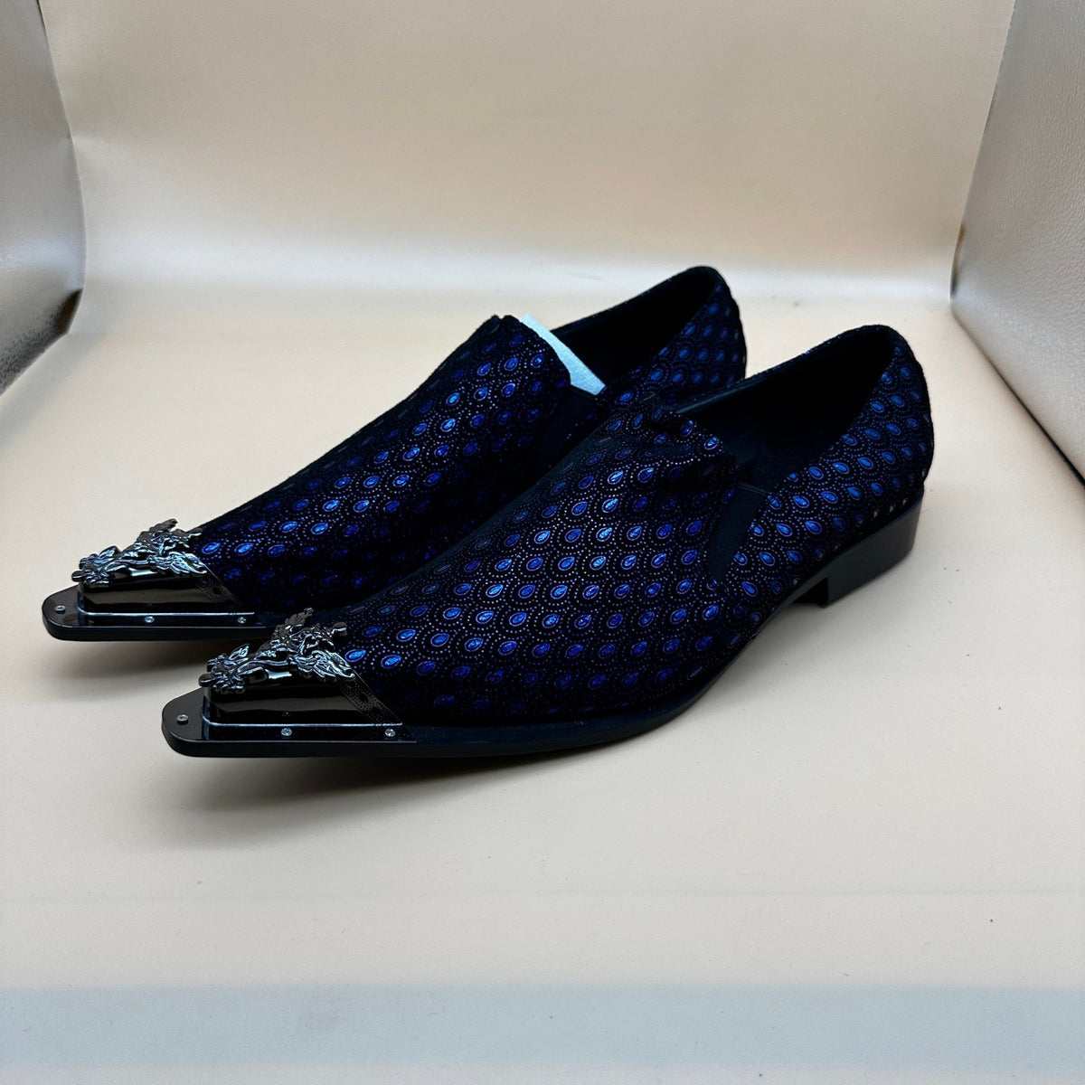 Santimon Men's US 9.5 Black/Blue Leather Metal Tip Western Loafers Dress Shoes