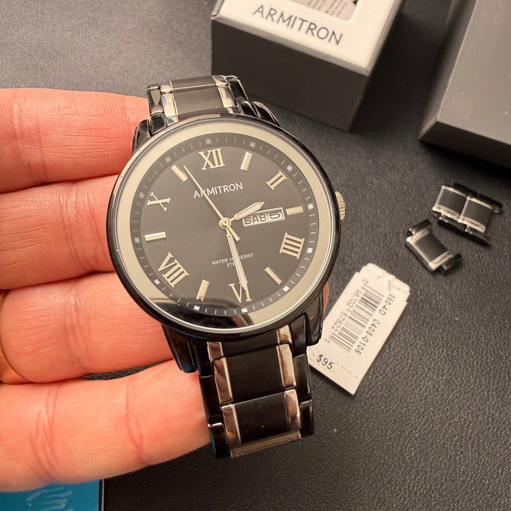MSRP $95 Armitron 20/4935TB Men's Day/Date Black/Silver Tone Bracelet Watch Ne