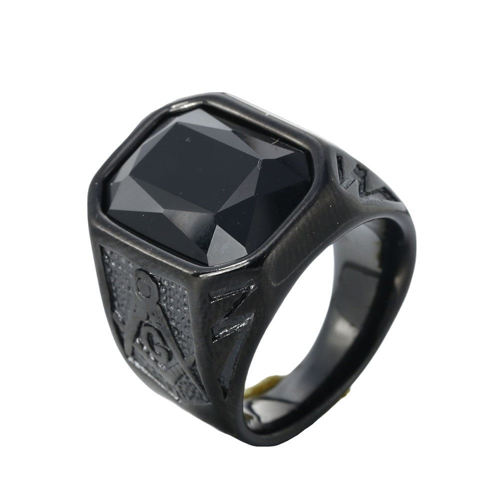 Mens Black CZ Stone Masonic Ring Black Stainless Steel Freemason Size 8-12