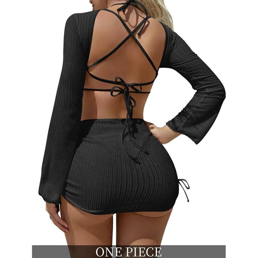 MSRP $44 Lilosy 3 Piece Women's S Black Bikini Sexy O Ring Cutout Long Sleeve