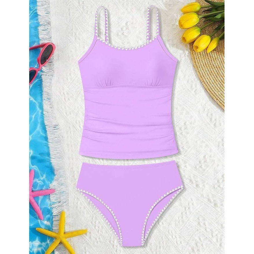 MSRP $25 TyeSmo Girls 11-12Y Swimsuit Solid Color Tankini Contrast Trim Swimwea