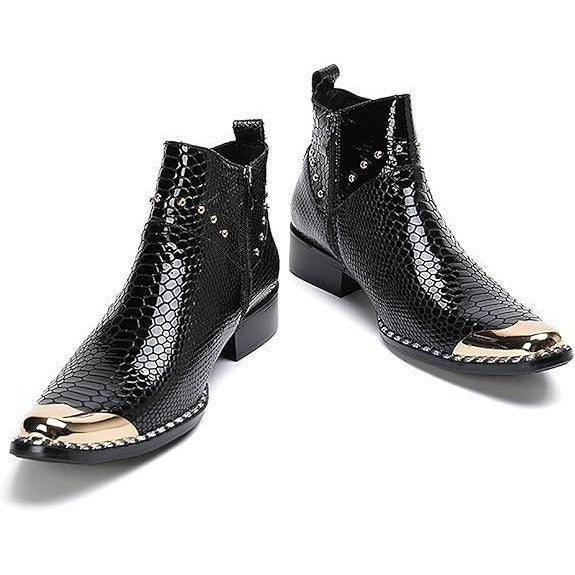 Santimon Mens US 6.5 Black Textured Leather Western Metal Tip Zipper Ankle Boots