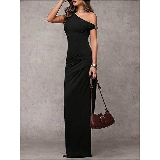MSRP $65 Verdusa Women's M Black Off The Shoulder Maxi Dress Asymmetrical Ruch