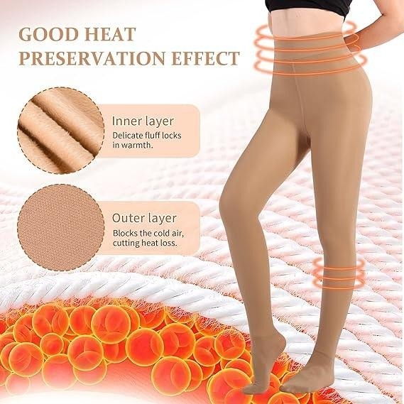 MARTIZA Women's Large-M Beige Fleece Lined Tights Fake Translucent Winter Therma
