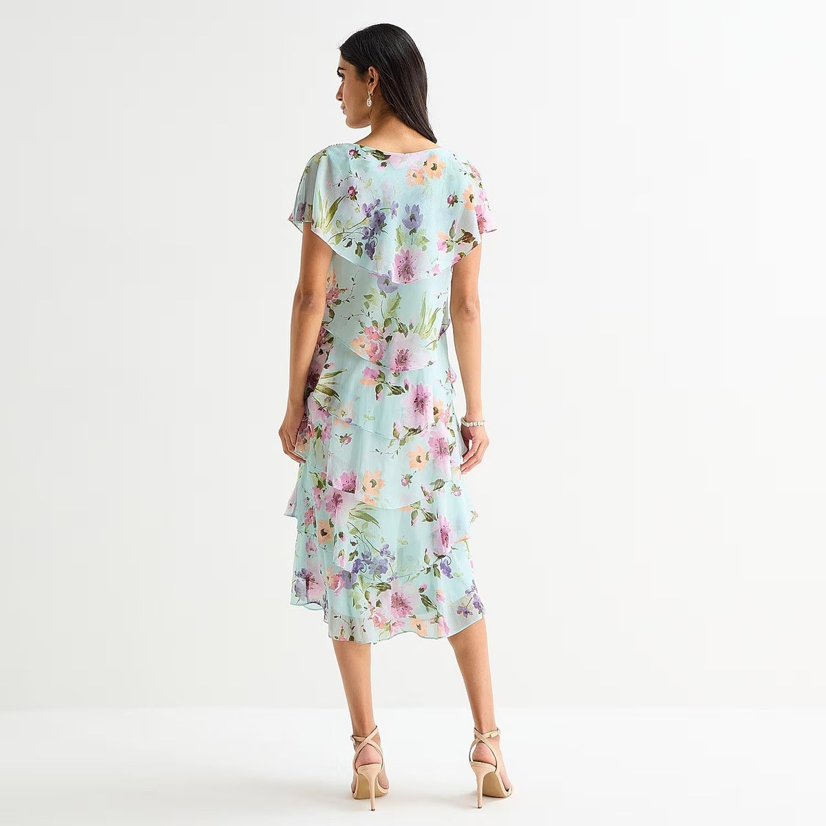 MSRP $120 S. L. Fashions Womens 16 Blue/Multi Midi Floral Shift Dress Round Neck