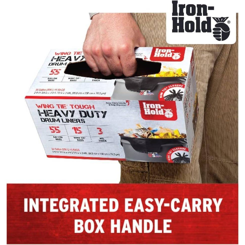 Iron Hold 55 Gallon Heavy Duty Contractor Trash Bags 15 Count 3 Mil Thick, Blac