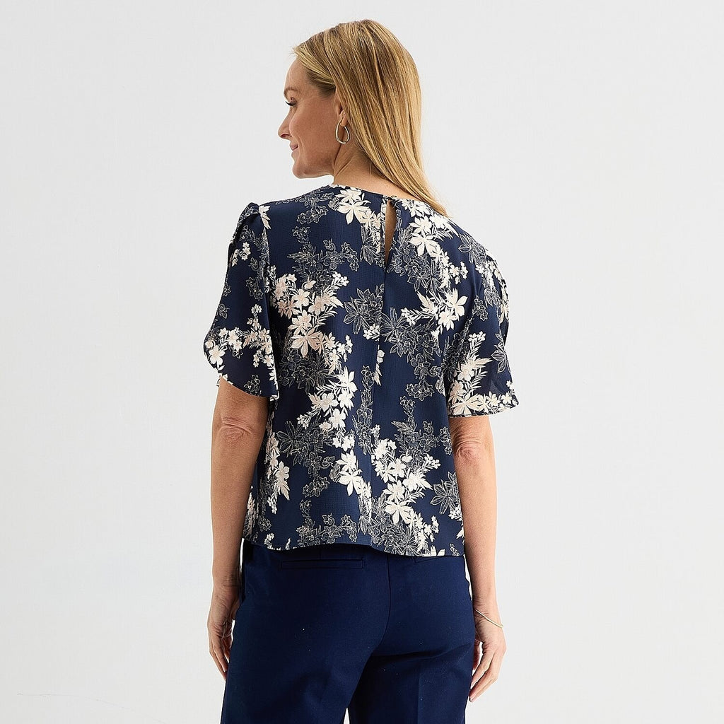 MSRP $48 Liz Claiborne Womens XL Tall Navy Flowers Short Sleeve Blouse U Neck