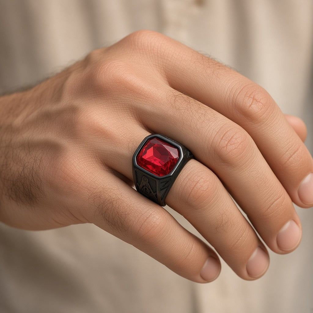 Mens Red CZ Stone Masonic Ring Black Stainless Steel Freemason Jewelry Size 8-12