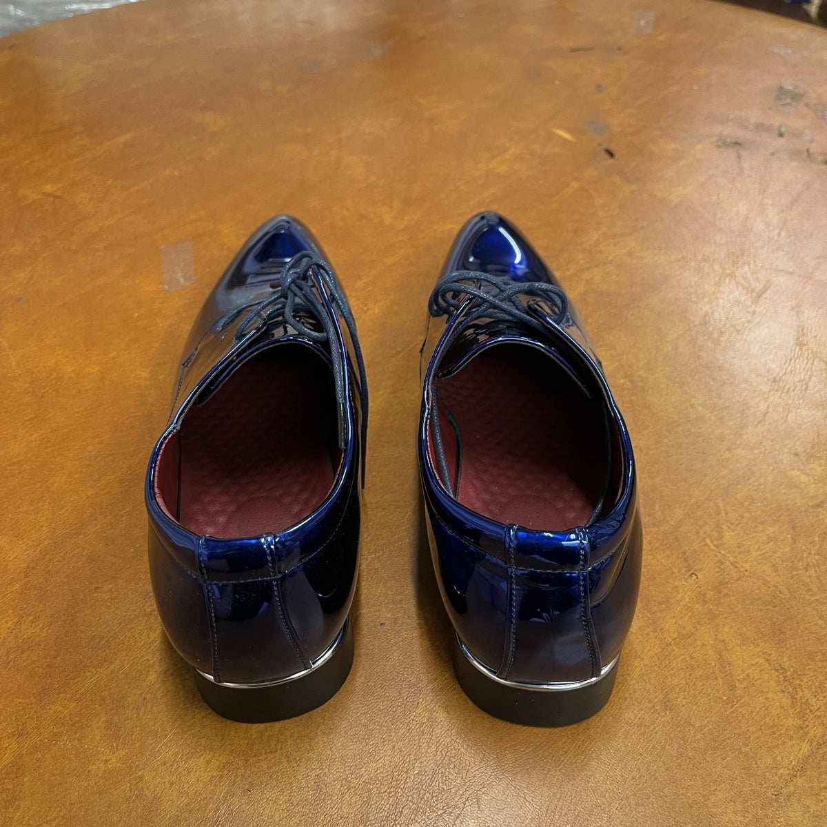 Santimon Men's US 7 - 11 Blue Patent Leather Shiny Derby Pointed Toe Shoes