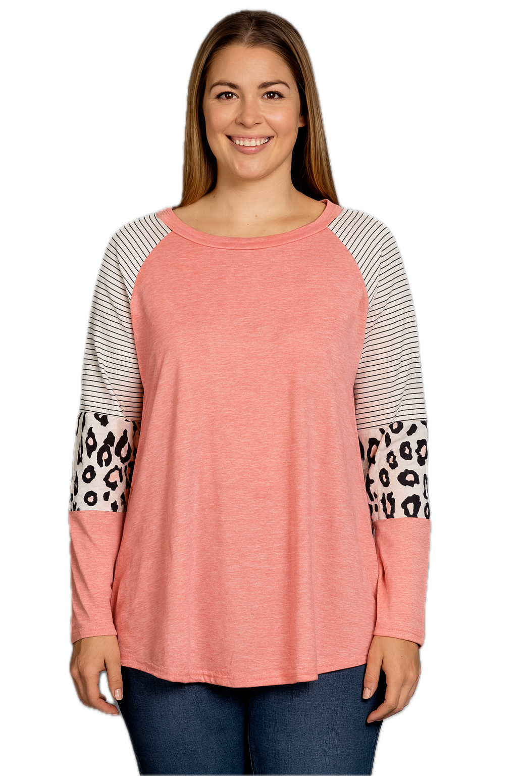 ROSRISS Women's 14W-26W Long Sleeve Top Striped Leopard Print Knotted Tunic Shir