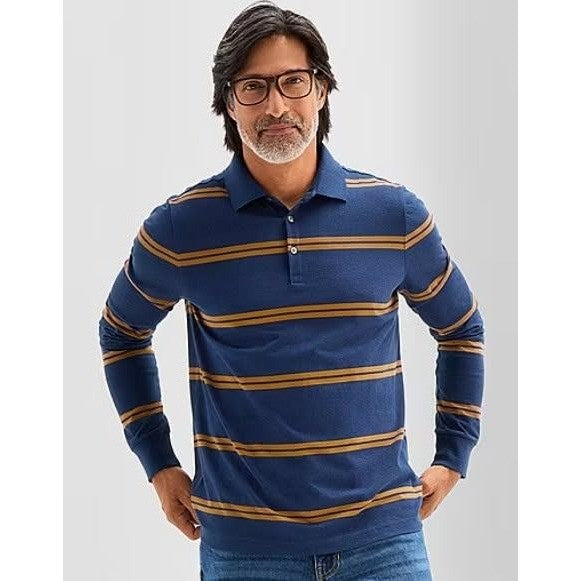 MSRP $28 St. John's Bay Mens XXL Navy Stripe Classic Fit Long Sleeve Polo Shir