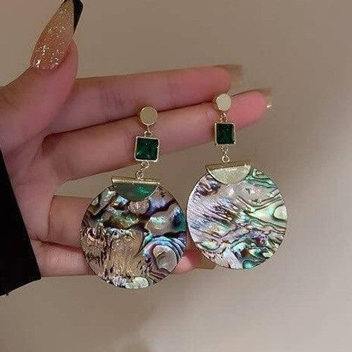 New Vtg Green Glass Tassel Drop Earrings Metal Shell Statement Jewelry for Women