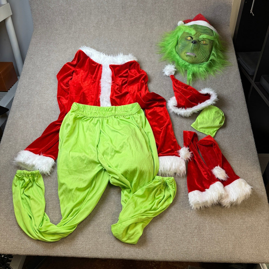Men's L Christmas Costume Adult Green Furry Monster Santa Suit