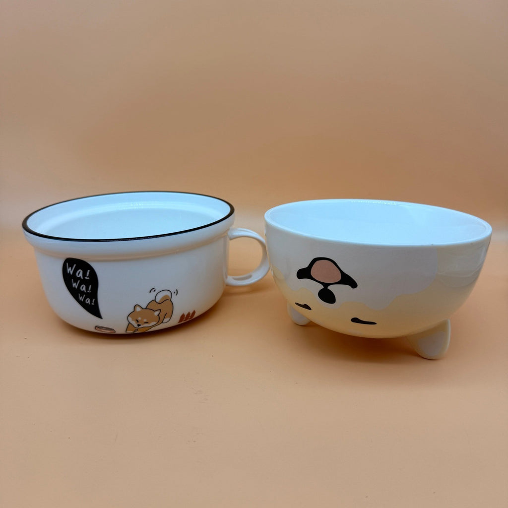 Shiba Inu Ceramic Ramen Bowl with Lid, Noodle Mug w/ Fork, Spoon & Chopsticks