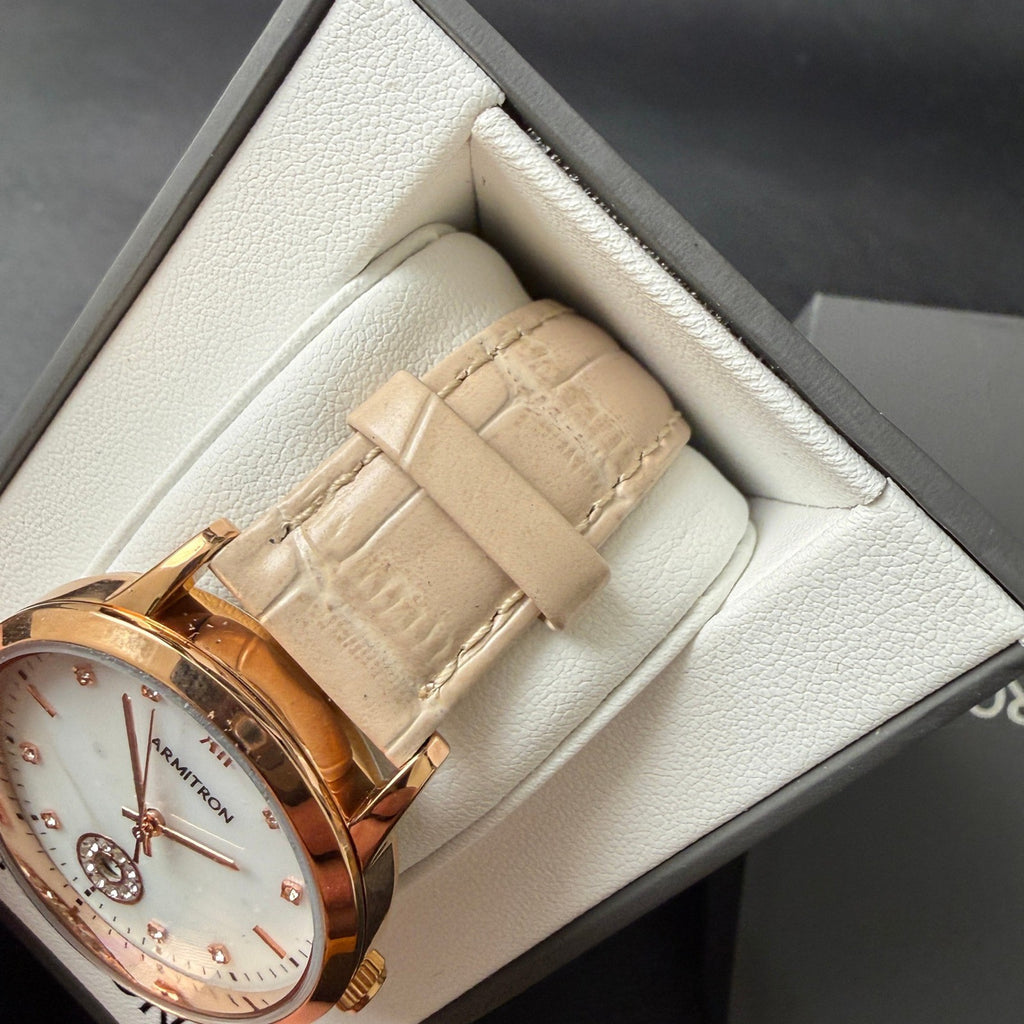 Armitron 75/5834RG Women's Rose Gold Tone Crystal Leather Strap Watch New Batte