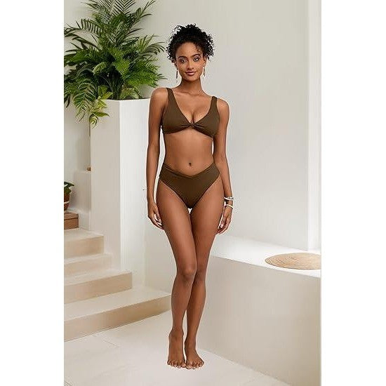 MSRP $39 Geluboao Women's M Brown Bikini Sets Two Piece Cheeky High Waisted Kn