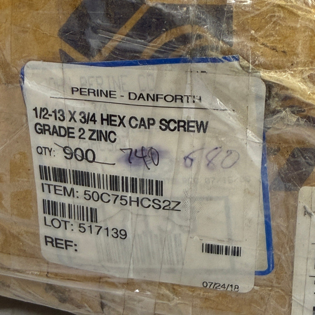 Pack of 680 Perine Danforth 1/2-13 x 3/4" Grade 2 Hex Cap Screws Zinc