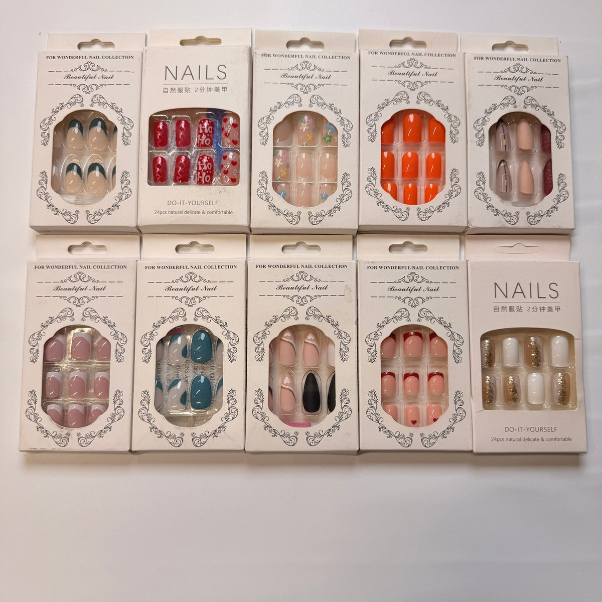 Lot of 10 Pack of 24 New False Press On Nails Assorted Designs and Colors №N12