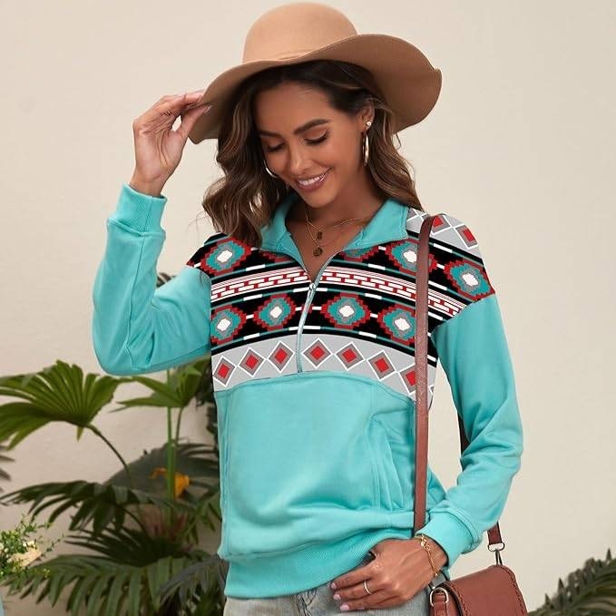Women's Sky Blue L Half Zip Casual Aztec Geometric Sweatshirt Long Sleeve