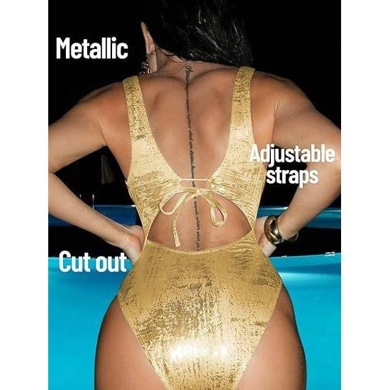 MSRP $48 ChiaoLezhee Women's XXL Gold Metallic One Piece Swimsuit Sexy Plunge