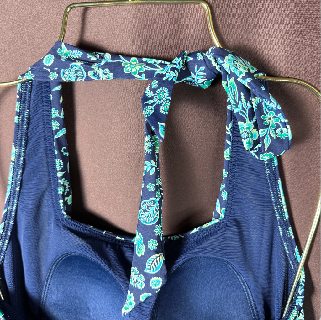 Lands' End Women's 2 UPF 50 Squareneck Halter Tankini Swimsuit Top Navy/Turquois