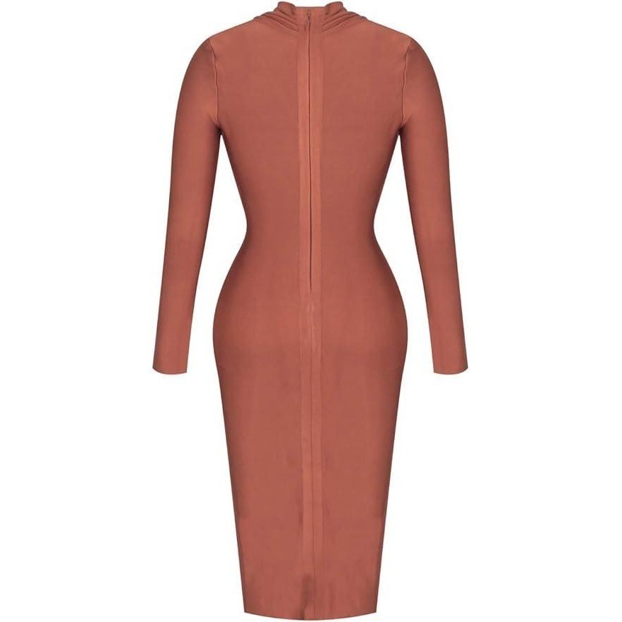UONBOX Womens M Dress Deep Plunge V Neck Long Sleeves (Real color pic 2) Draped