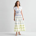 MSRP $89 Sam And Jess Womens L Blue Green Maxi Dress V Neck Short Sleeve Cap