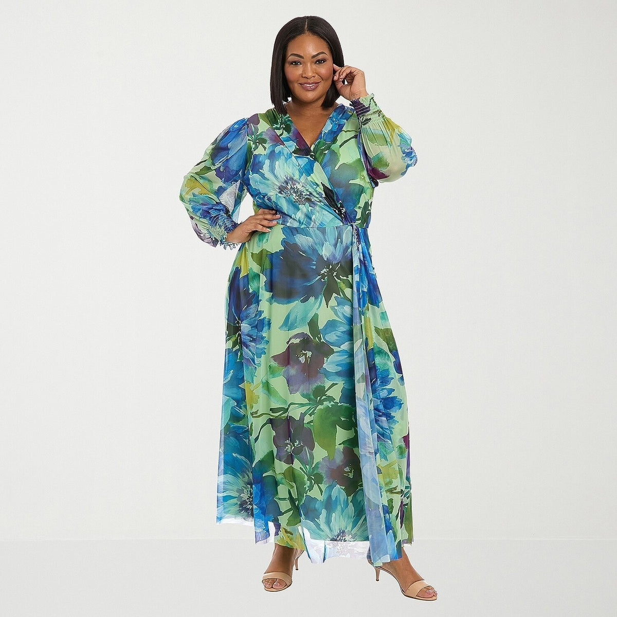 MSRP $109 Clover And Sloane Womens 1X Sage Blue V Neck Maxi Dress Long Sleeve