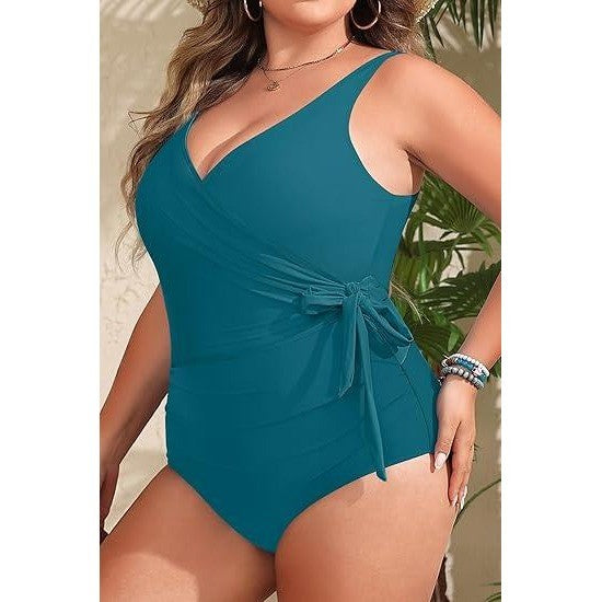 MSRP $48 Yonique Women's 20W Blue and Green Plus Size One Piece Swimsuits Tum