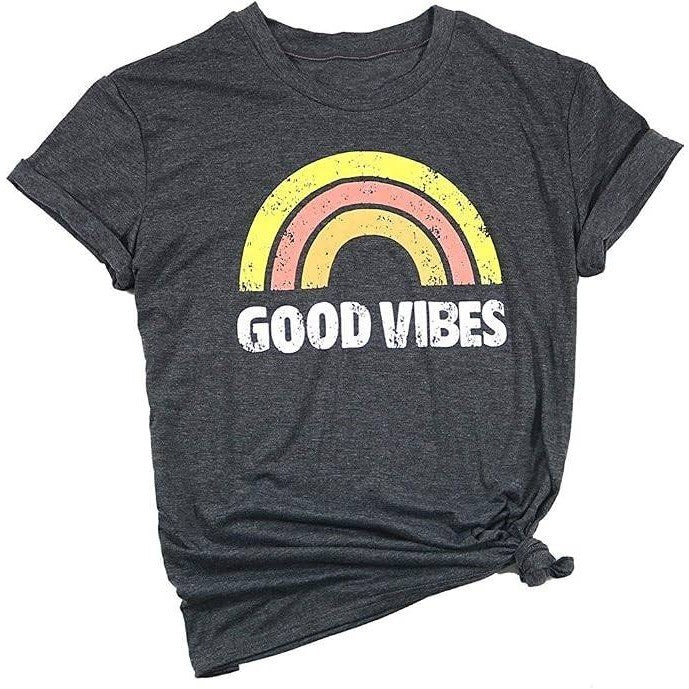 YEXIPO Women's M Good Vibes Graphic T-Shirt Short Sleeve Crew Neck Loose Fit Te