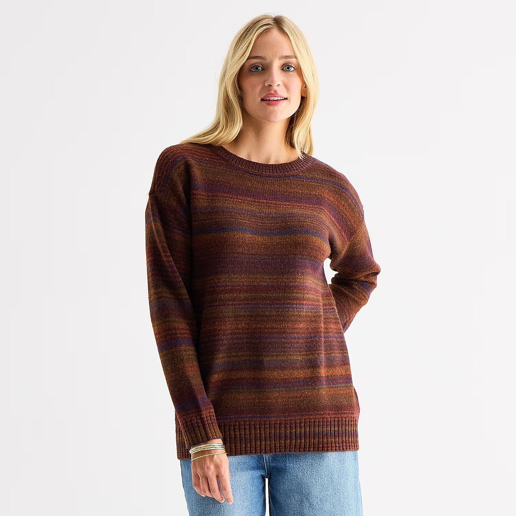 MSRP $38 A.N.A Womens L Multi Spacedye Striped Pullover Crew Neck Sweater Long