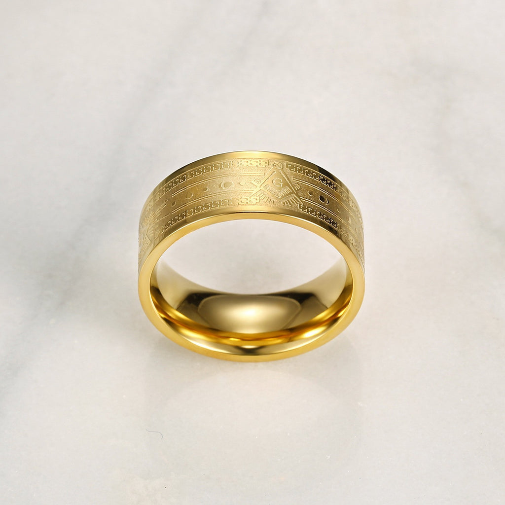 Mens Gold Tone Freemason Mason Masonic 8mm Band Ring Titanium Steel Size 8-13