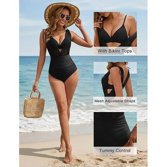 MSRP $20 BMJL Women's Black M One Piece Swimsuit Mesh Bathing Suit Tummy Contro