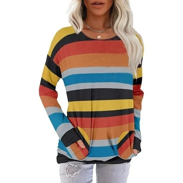 JuneFish Women's 18W Striped Long Sleeve Shirt Casual Top Loose Tunic