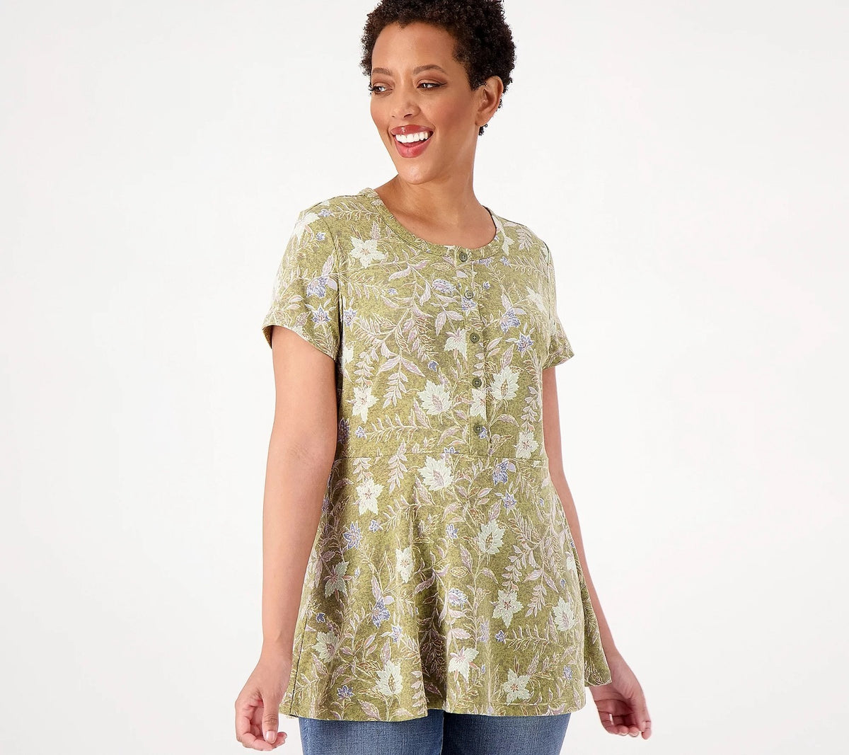Isaac Mizrahi Live! Women's XXS, XS Dried Sage True Denim Short Sleeve Top Butto