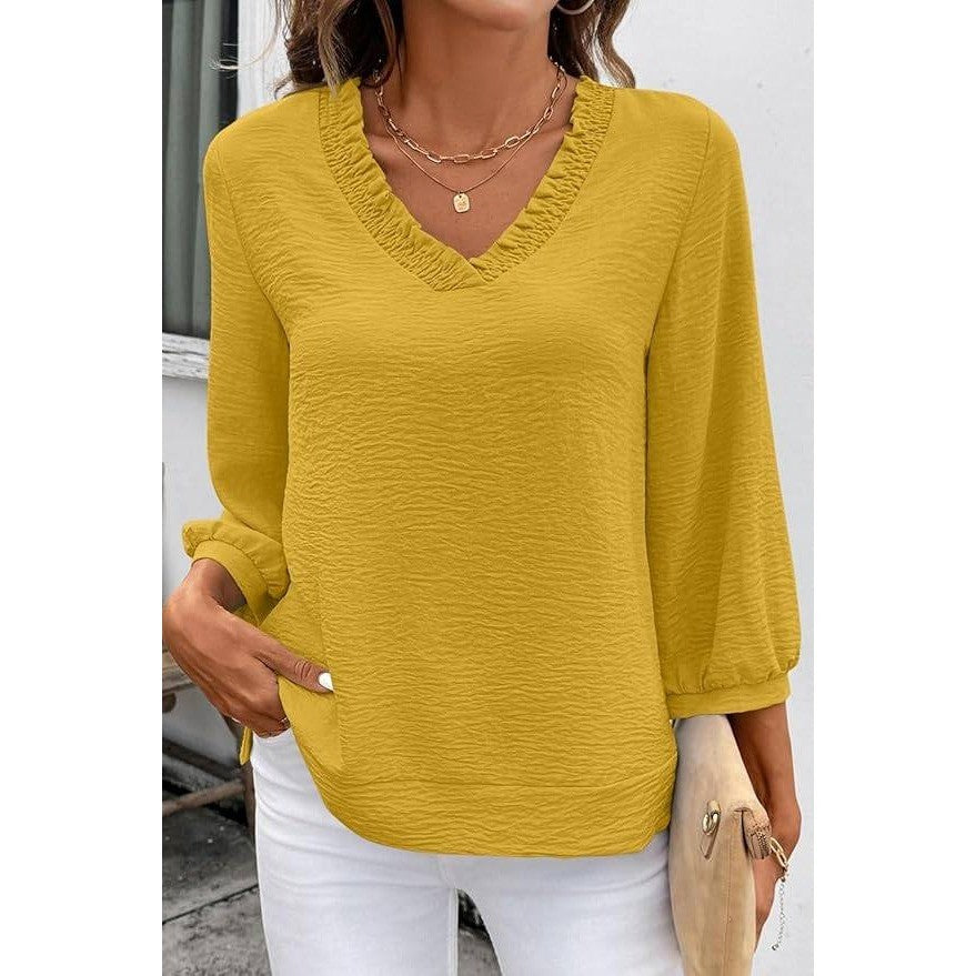 MSRP $18 SHEWIN Women's XL Smocked Neck Top 3/4 Sleeve Loose Fit Shirt Yellow