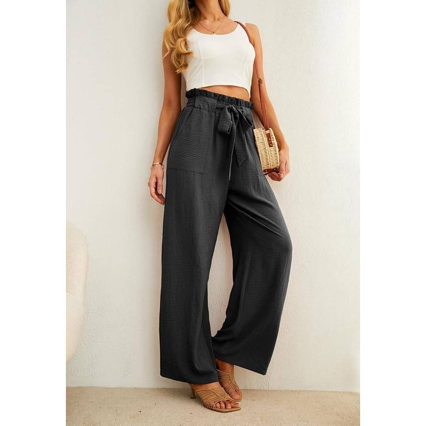 MSRP $26 IWOLLENCE Women's M Black High Waist Palazzo Pants Adjustable Knot