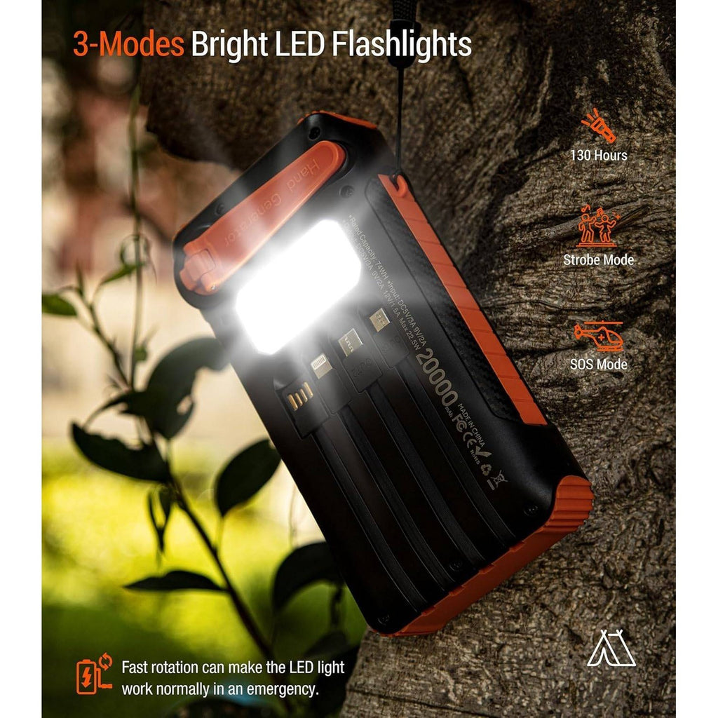Solar Power Bank 20000mAh Orange Built in Hand Crank 4 Cables 22.5W Fast Charge