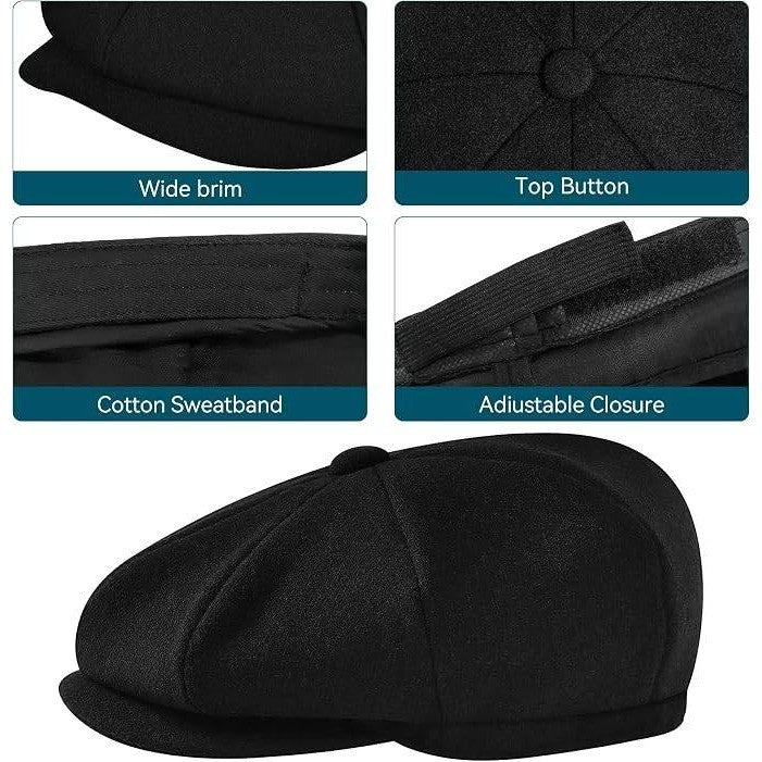 MSRP $32 POUDAY Men's XL Black Wool Blend Newsboy Cap Irish Cap Newsies Cabbie