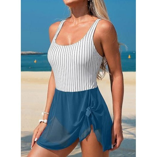 MSRP $36 Aleumdr Womens XL Sky Blue Stripe One Piece Swimdress Swimsuit Tumm
