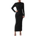 MSRP $64 BTFBM Women's S Black Bodycon Maxi Dress Long Sleeve Back Slit Ruched
