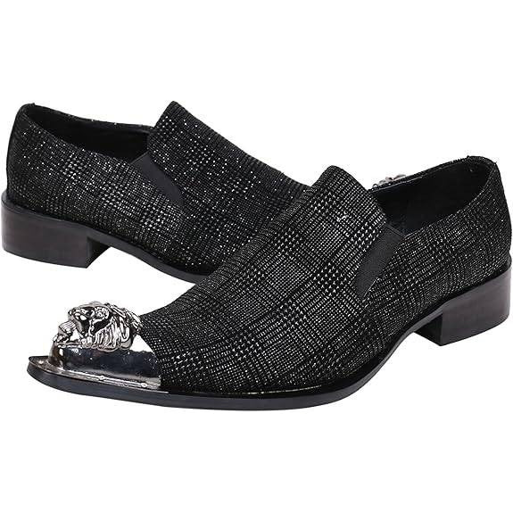 Santimon Men's US 9.5 Black Textured Metal Tip Pointed Toe Loafers Dress Shoes
