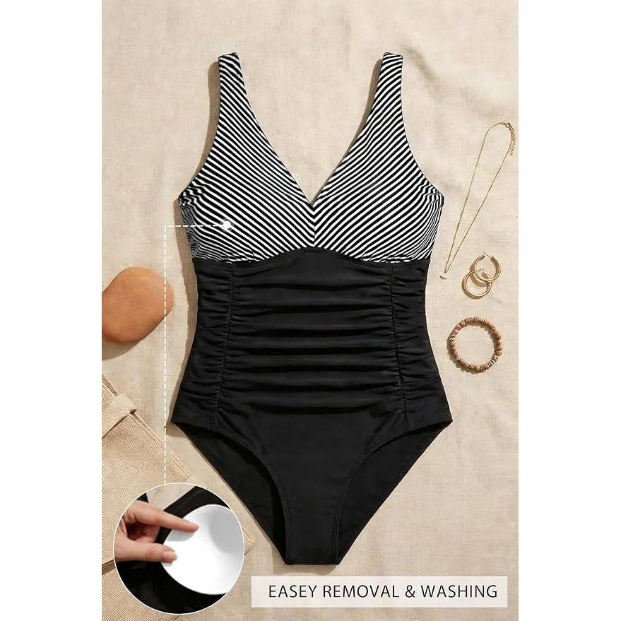 MSRP $48 Aqua Eve Women's 16W One Piece Swimsuit V Neck Tummy Control Bathing
