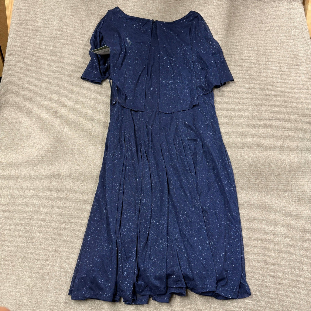 MSRP $100 J Taylor Womens 16 Navy Chiffon Glitter Short Sleeve Fit + Flare Dress