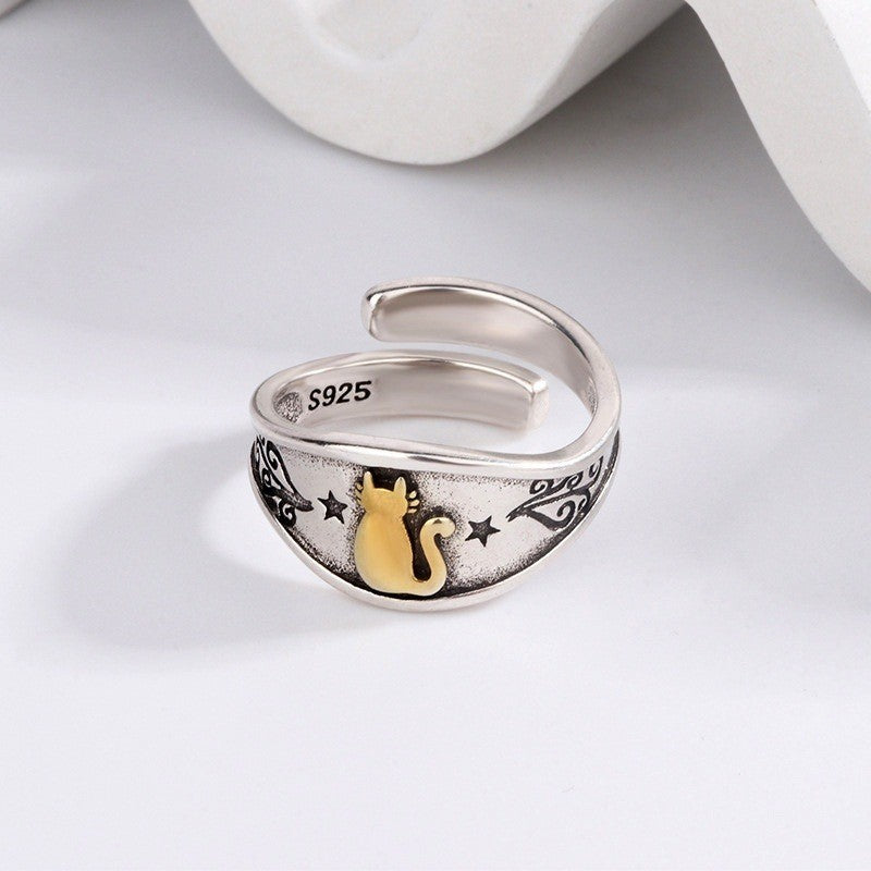 Cat Open Ring 925 Sterling Silver Women's Animal Jewelry Size 7 Adjustable 6-8