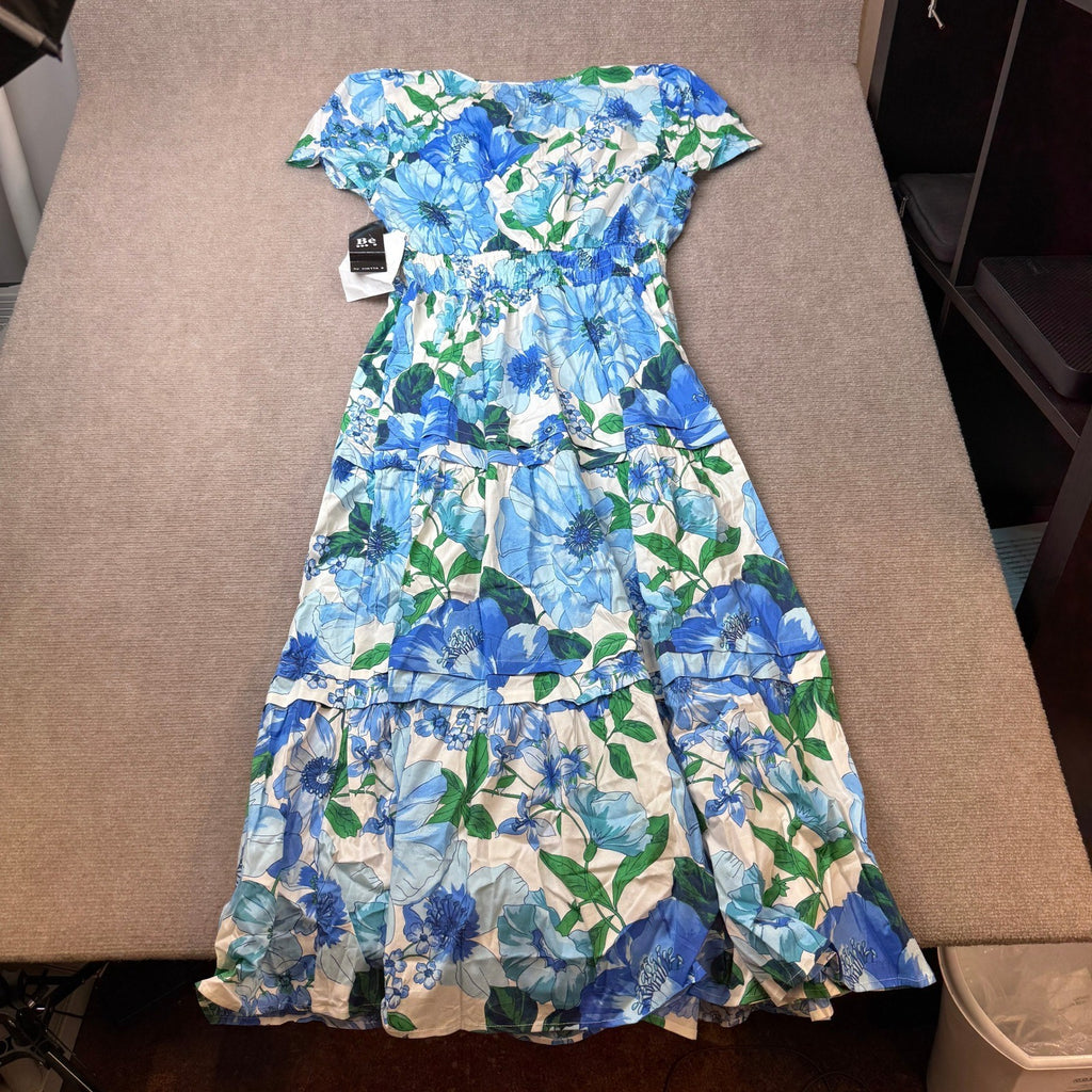 MSRP $84 Be by CHETTA B Womens XL Blue Multi Floral Fitted Maxi Dress Split Crew