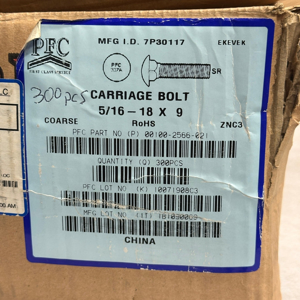 Pack of 300 PFC 5/16-18 x 9 Carriage Bolts Coarse Zinc