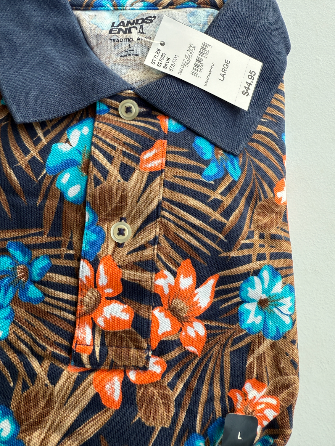 Lands' End M-XL Short Sleeve Hawaiian Men's Polo Shirt Deep Sea Navy Floral Trop