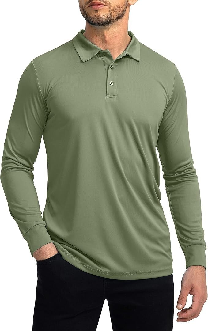 Lands' End Men's Long Sleeve Interlock Cotton Polo Shirt Simple Olive M-XL Regul